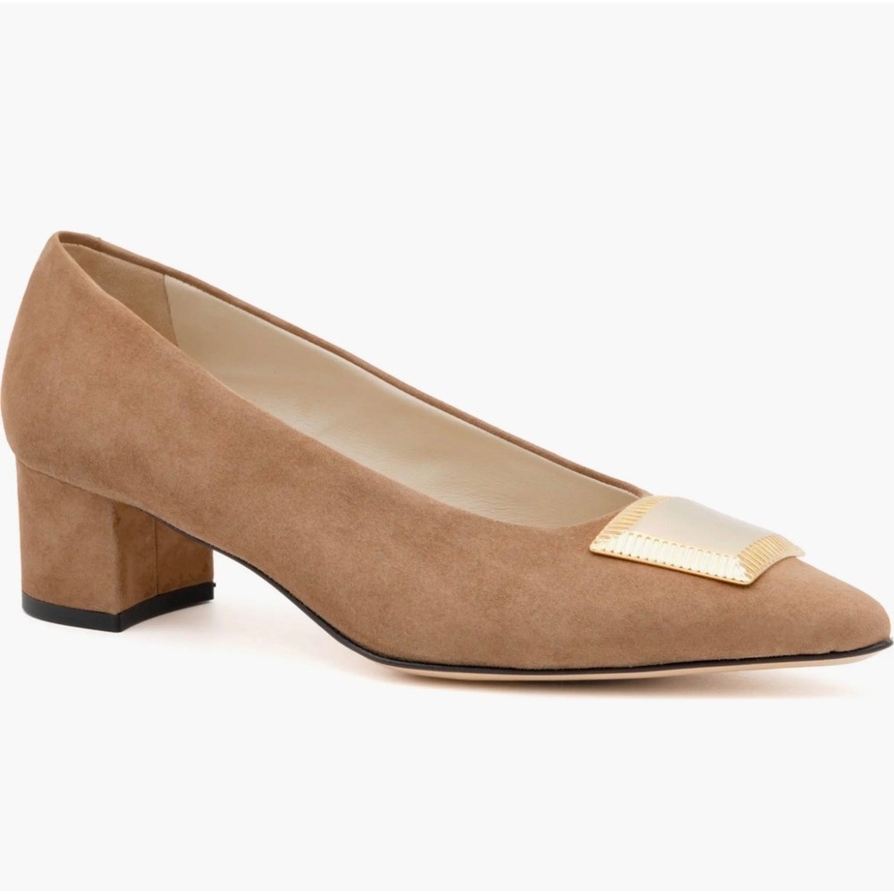 Amalfi by Rangoni Piramide Toasted Suede Block Heel Pumps Gold Buckle Size 9 NEW